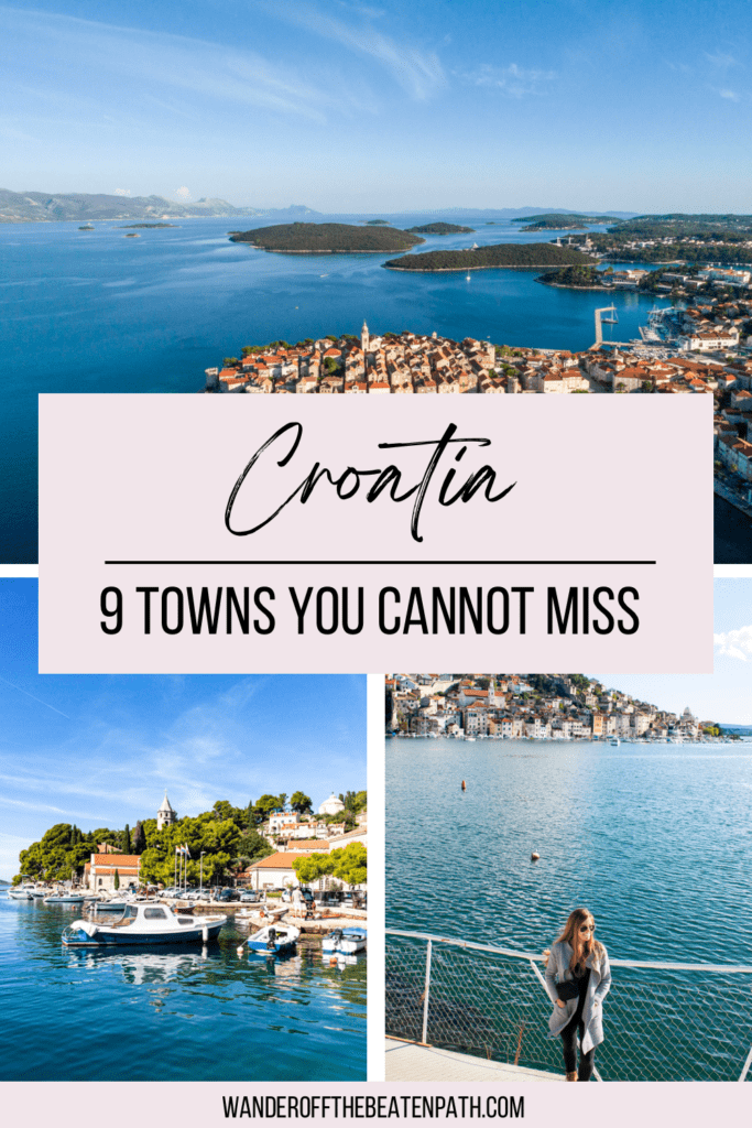 Collage of photos from small towns in Croatia including the island of Hvar, Varazdin, and Elapiti Islands