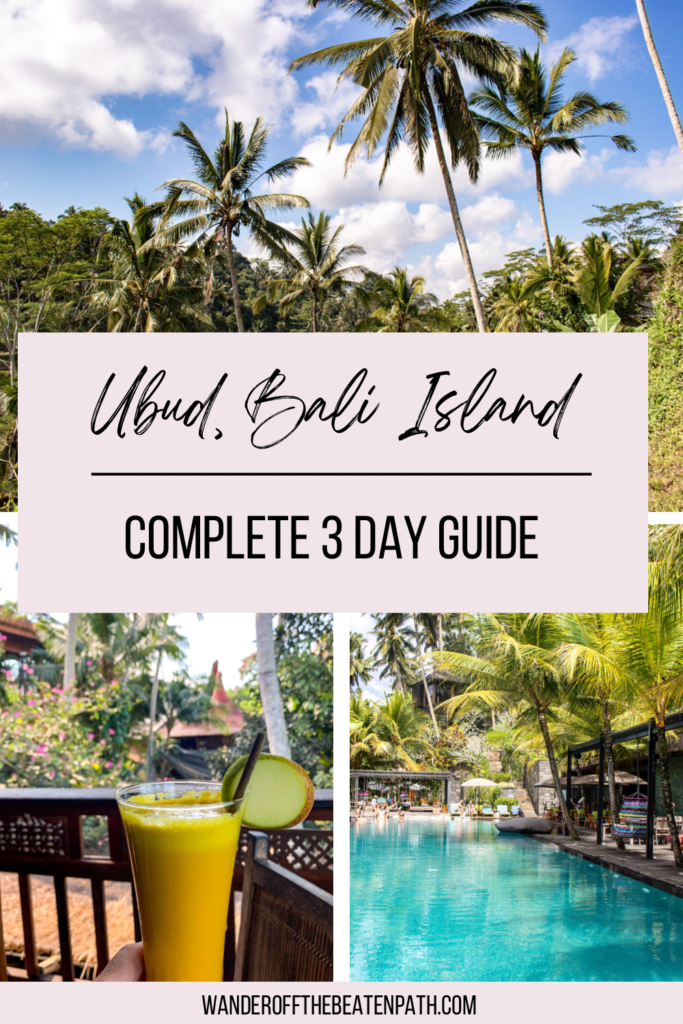 Scenic photos from Ubud, Indonesia including the rice fields, a juice from the yoga studio in town, and a pool.