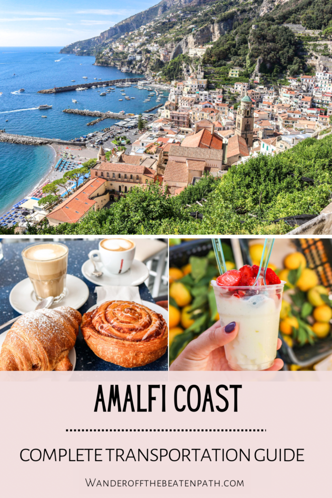 Panoramic view of Amalfi town in the Amalfi Coast, Italy as well as a photo of pastries and coffee in Italy, and a frozen lemonade.