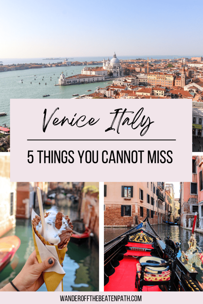 Three scenic shots of Venice, Italy including a panoramic view of town, a gondola ride on the canals, and gelato in the streets.