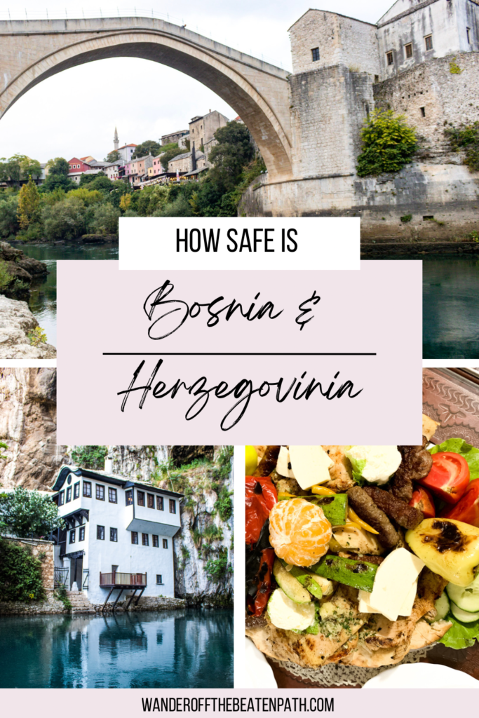 Collage of Panoramic views from Bosnia and Herzegovina including the bridge in Mostar, traditional Bosnian cuisine, and a Mosque