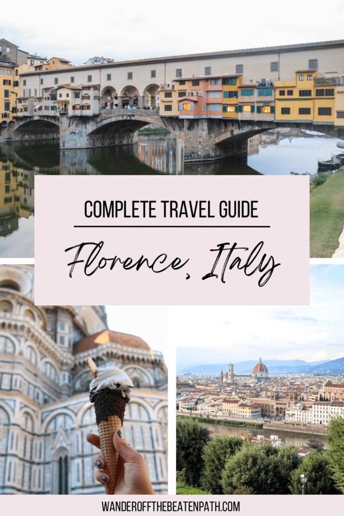 Three photos from Florence Italy including a shot of Ponte Vecchio, gelato in front of the Duomo, and a panoramic view of Florence