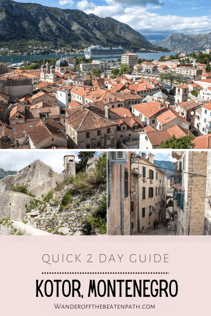 Panoramic views in Kotor, Montenegro including a photo overlooking the Bay of Kotor, Old Town, and the fortress