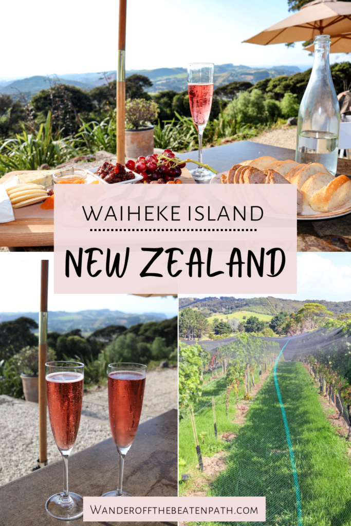 Photo of wine with a view of Waiheke Island in the back. Click here for a complete guide to Waiheke Island