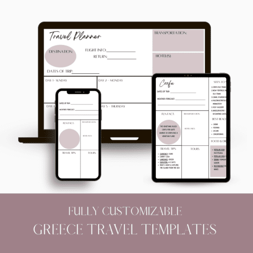 Fully Customizable Mauve Greece Travel Templates displayed on various devices