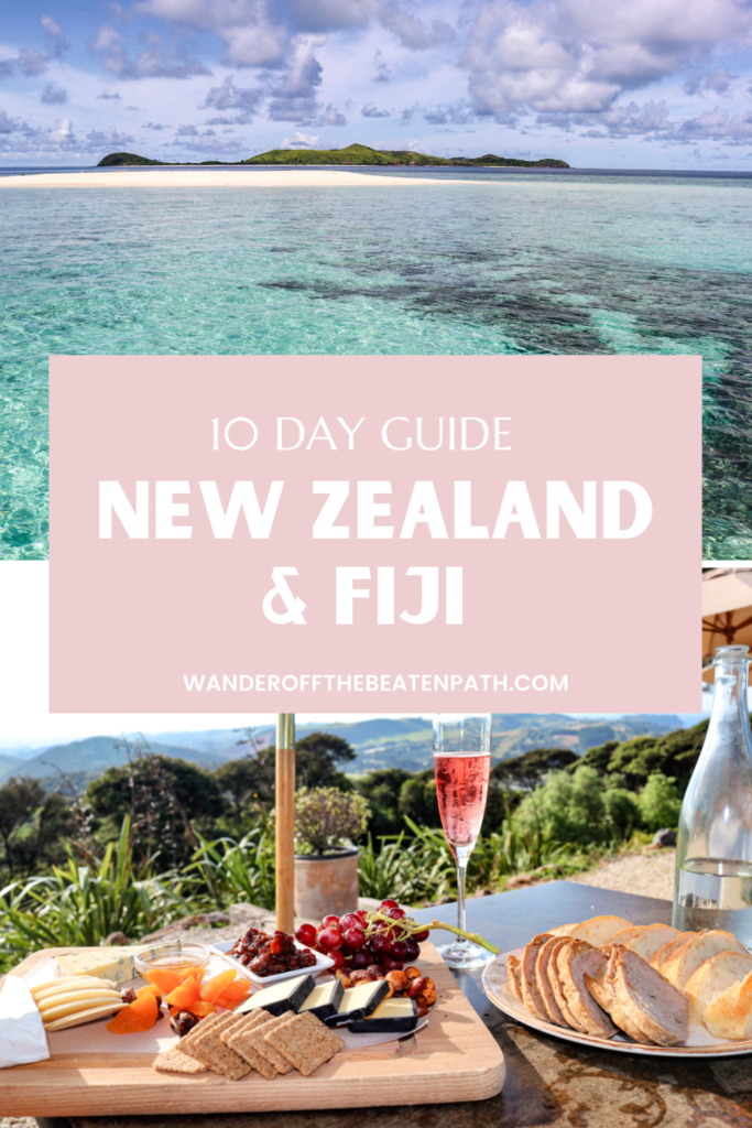 Crystal clear waters in the Mamanuca Islands Fiji and a cheese plate from a winery on Waiheke Island