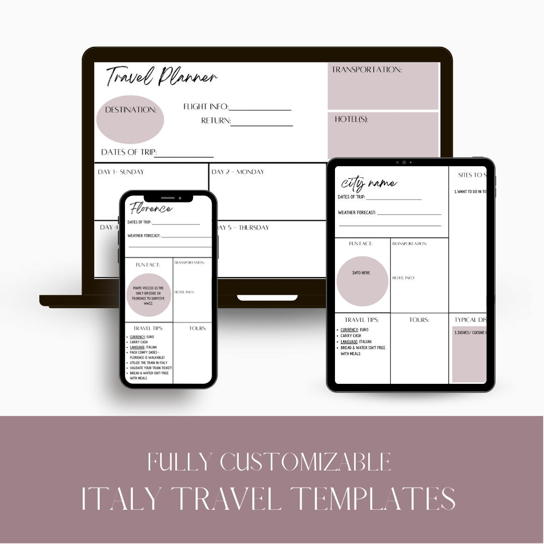 Collage of fully customizable Italy travel planners