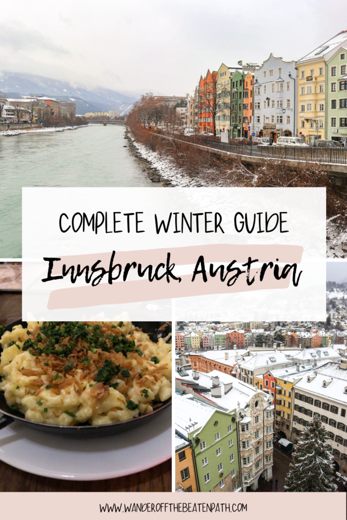 The colored buildings along the water in Innsbruck as well as a picture of a traditional dinner in Austria