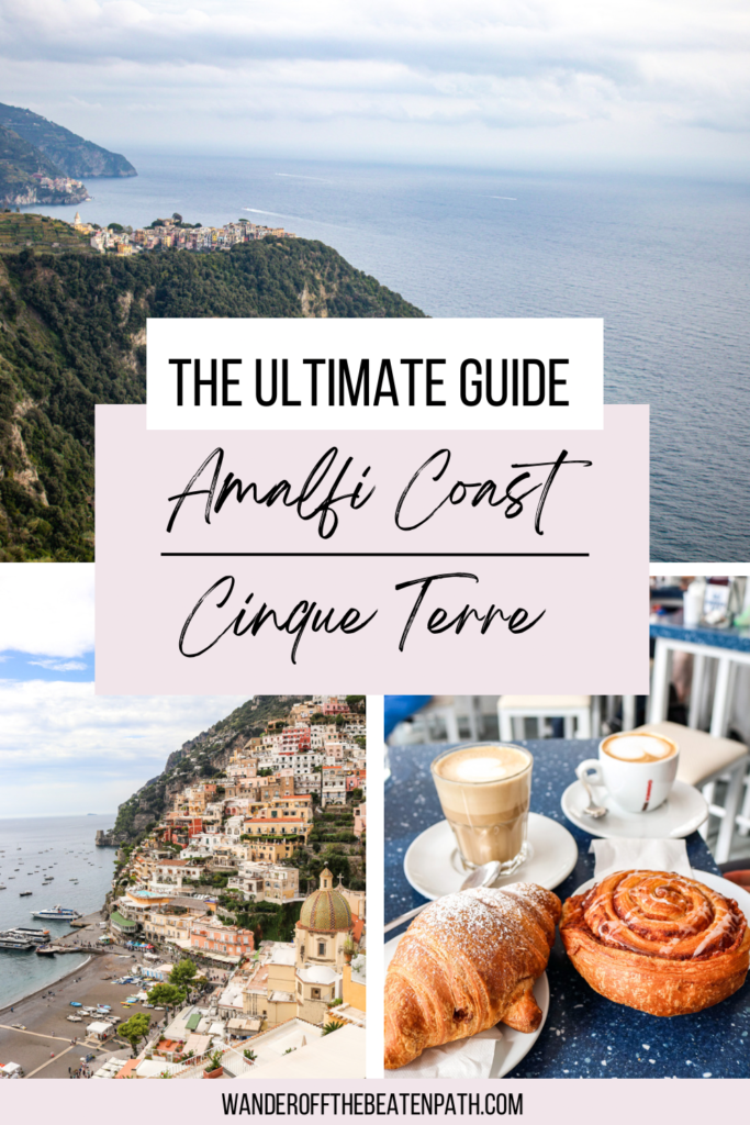 Collage of panoramic photos from the Cinque Terre and Amalfi Coast to help you decide between the Cinque Terre or Amalfi Coast.