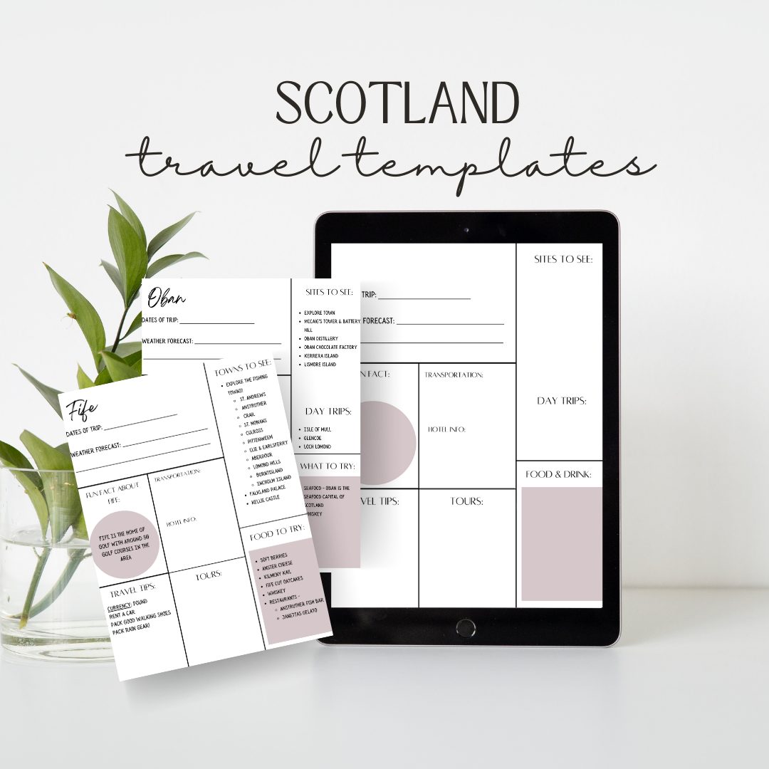 Mauve Scotland Travel Planners on tablet and printed