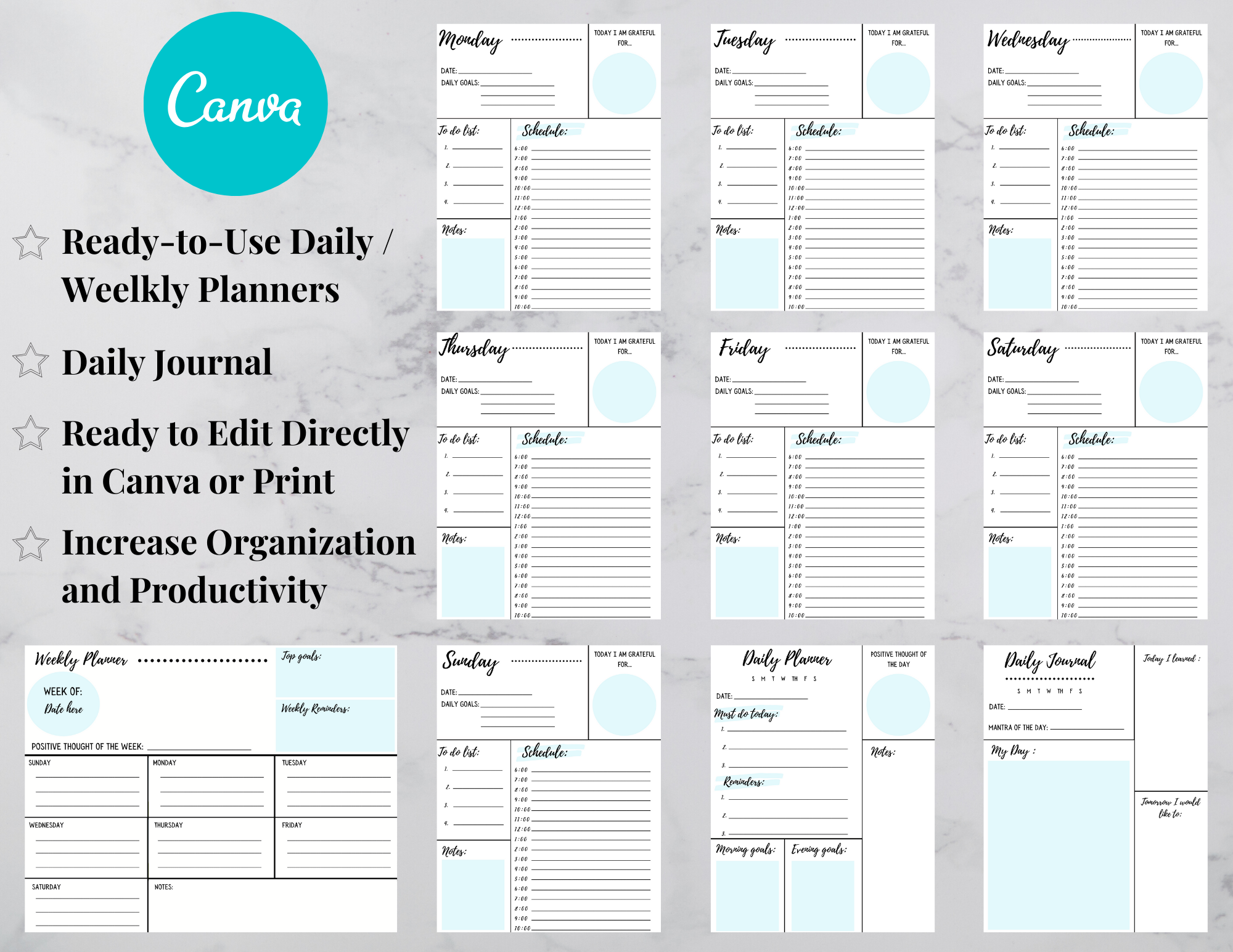 Image showing all aqua daily planners that are included in this pack