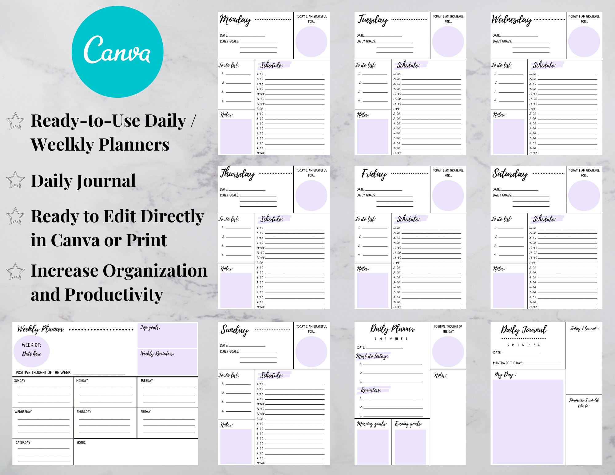 poster board of all purple daily planner templates included