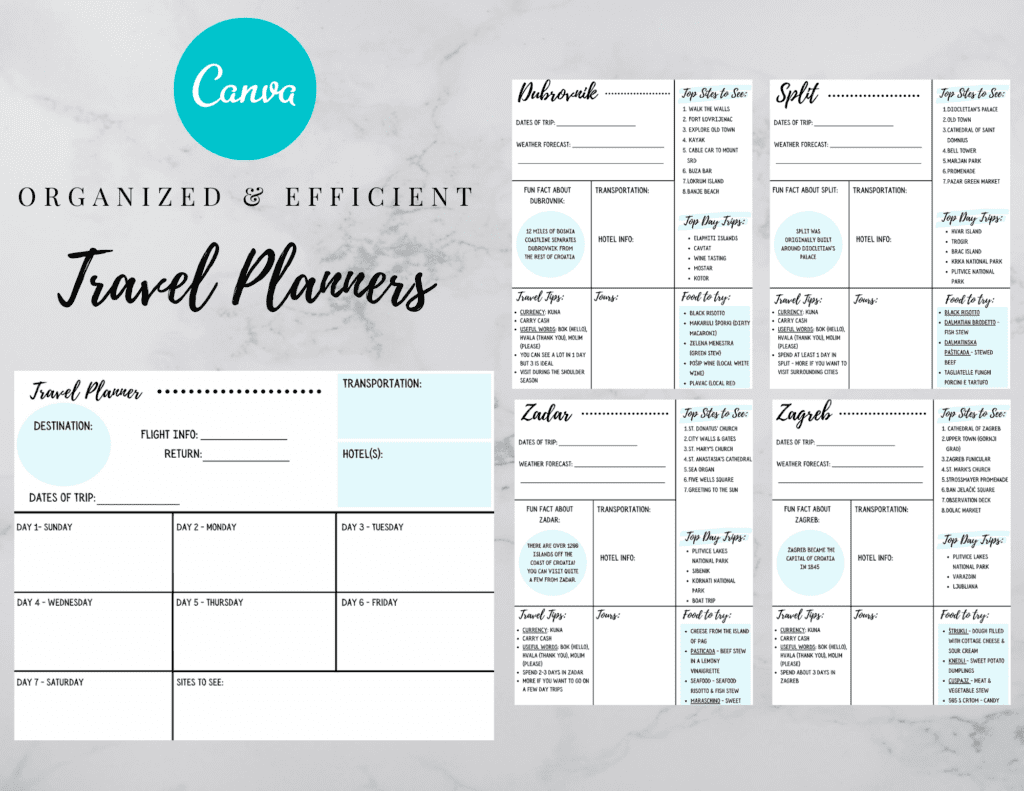 A few templates included in the croatia travel planner pack