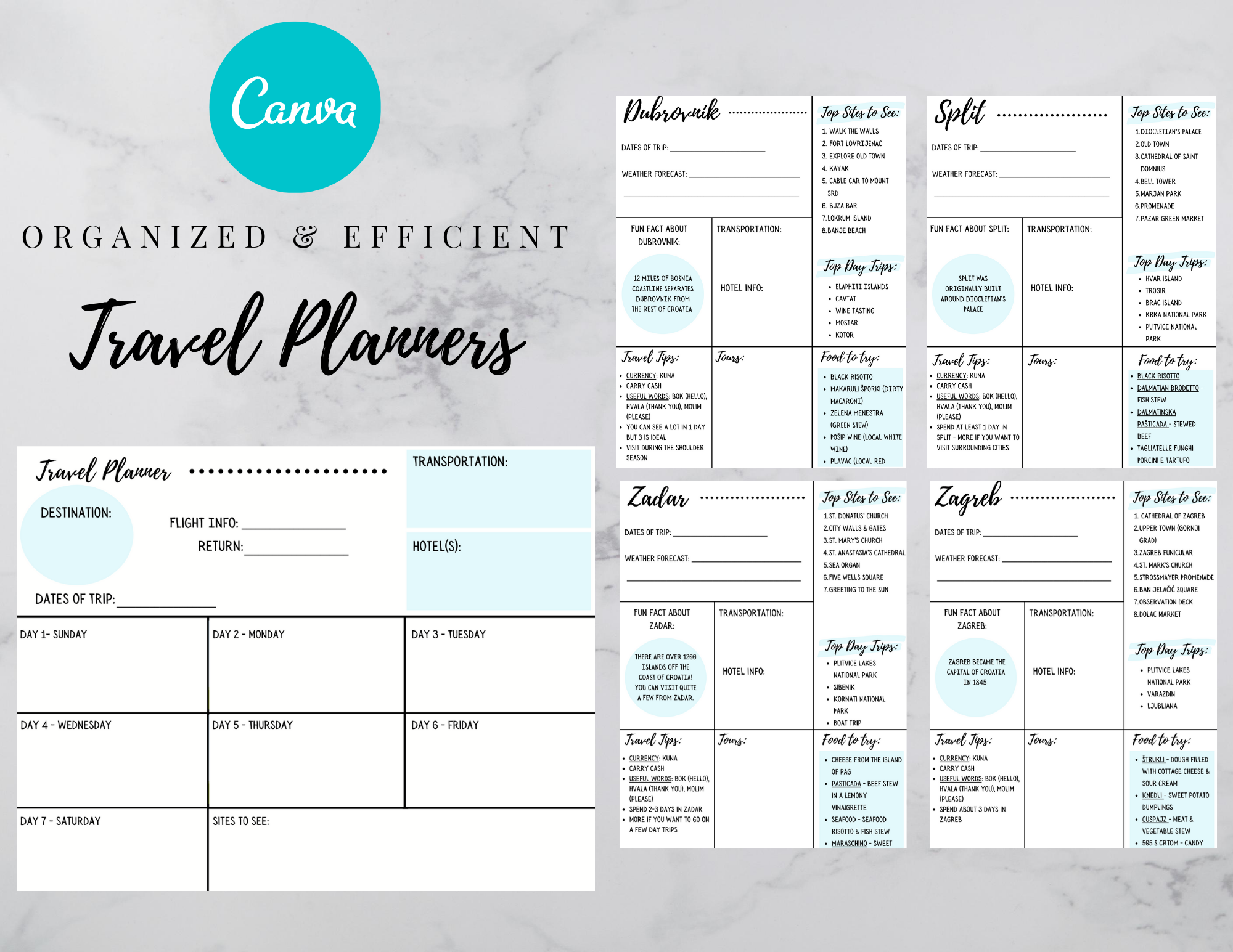 A few templates included in the croatia travel planner pack