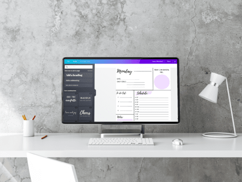 Showcasing purple daily planner on a desktop computer