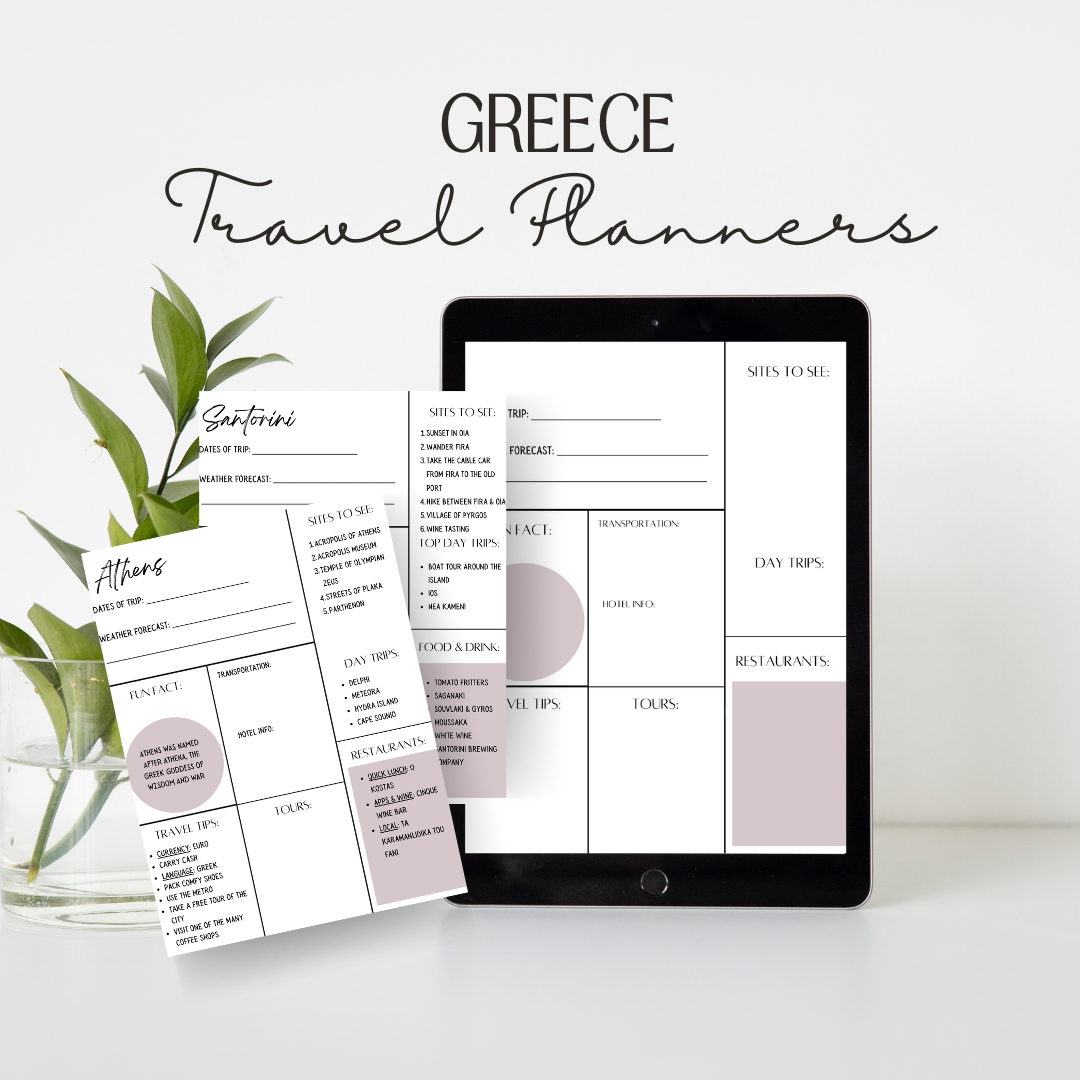 Greece travel templates on an iPad as well as Printed
