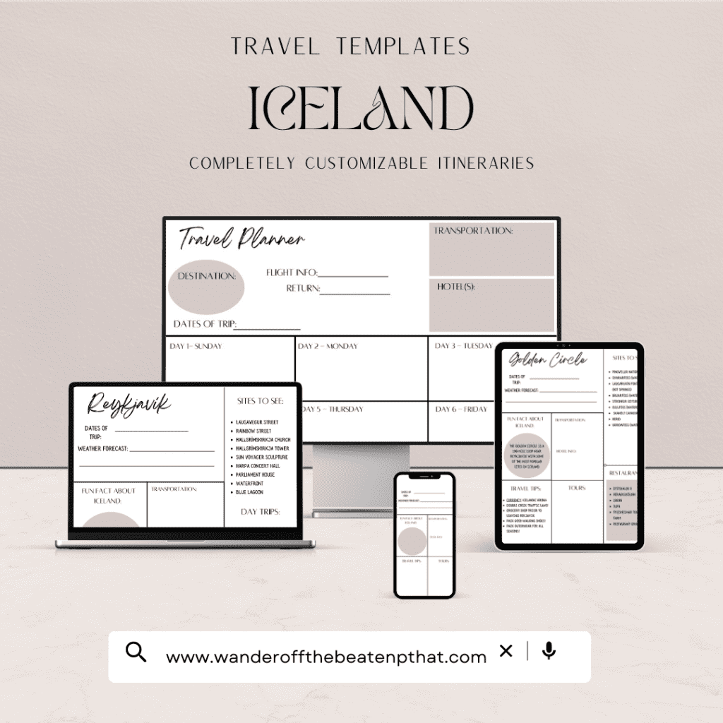 Collage of Iceland Travel Templates shown in a computer, laptop, iPad, and iPhone