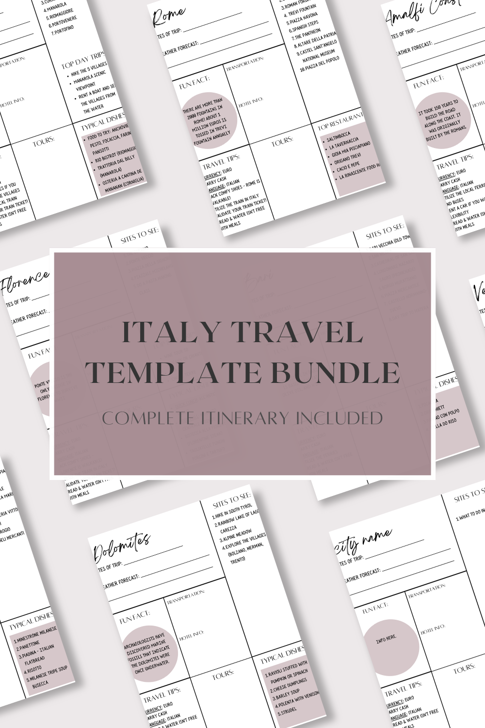 Collage of Italy Travel Planners Template Bundle