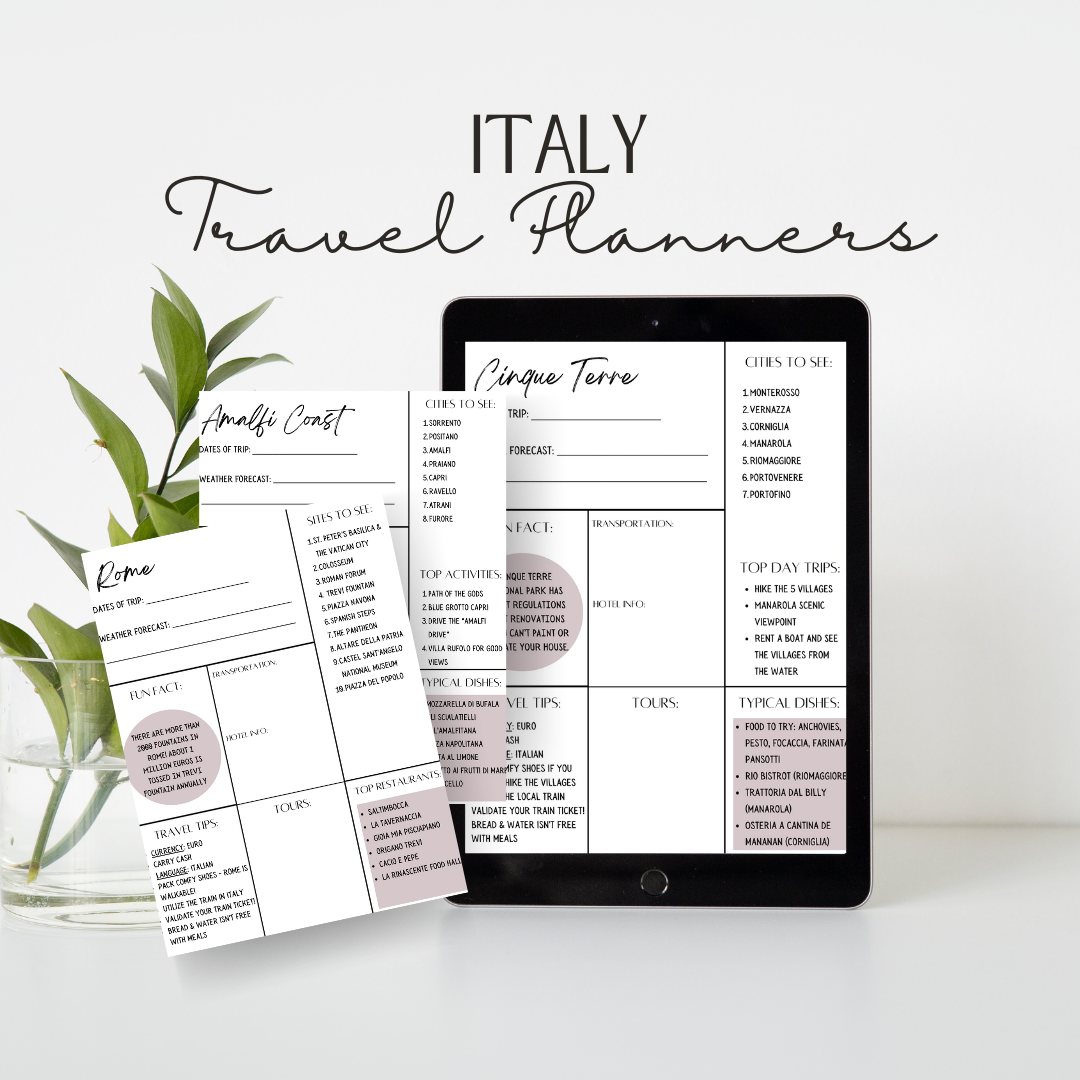 Italy Travel Planners displayed on a Tablet and Printed