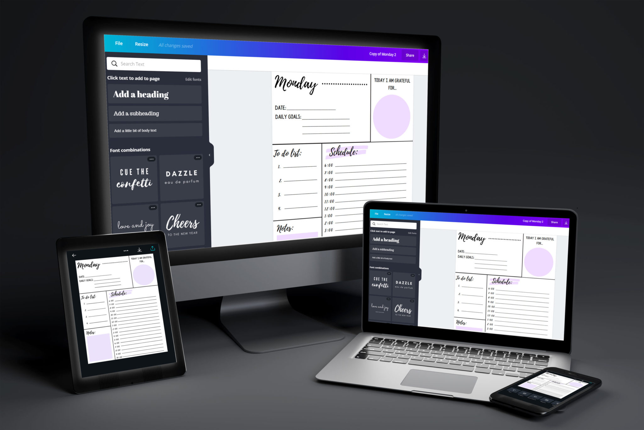 Purple daily planner templates displayed on various devices