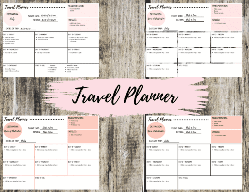 Girly travel planner templates displayed on a wood board