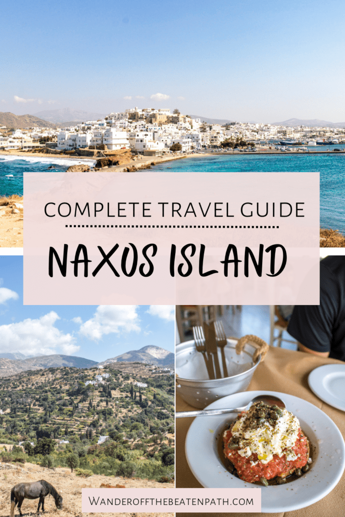 Collage of photos from Naxos Island in Greece including a panoramic view of town, the mountains, and some dakos.