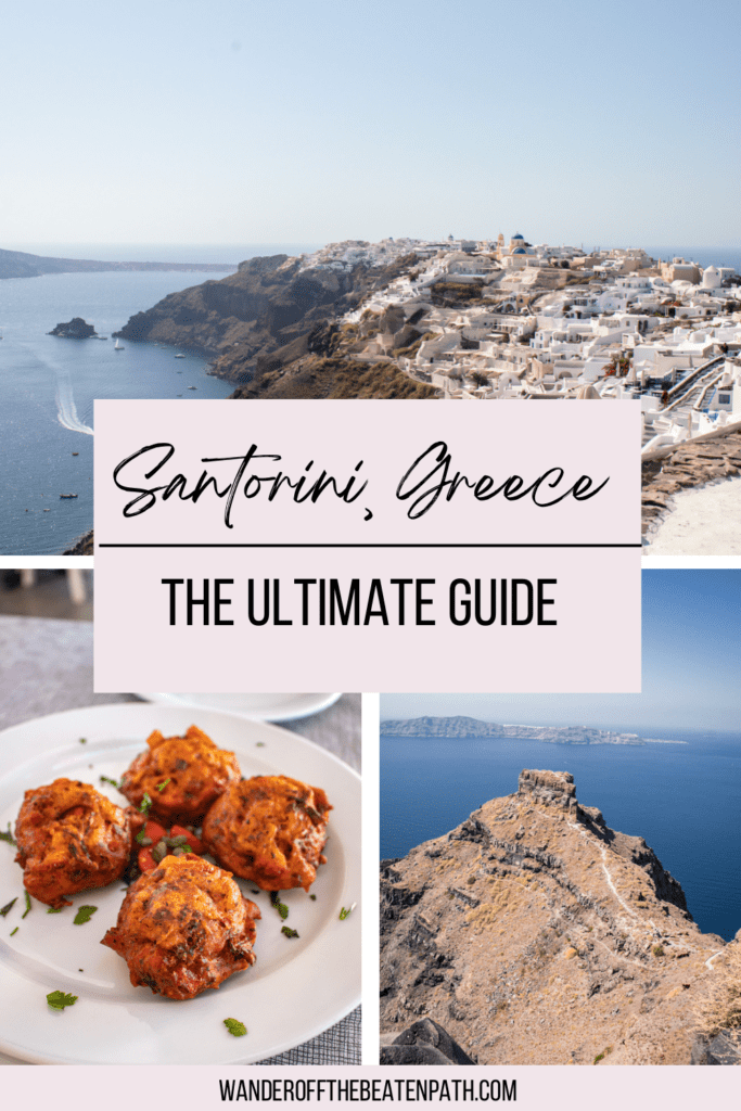 Three photos from Santorini, Greece including panoramic views from Santorini as well as one of our favorite appetizers in Greece.