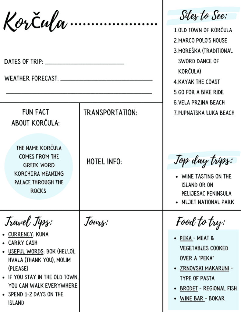 Filled out travel planner for Korcula, Croatia. Click here for more.
