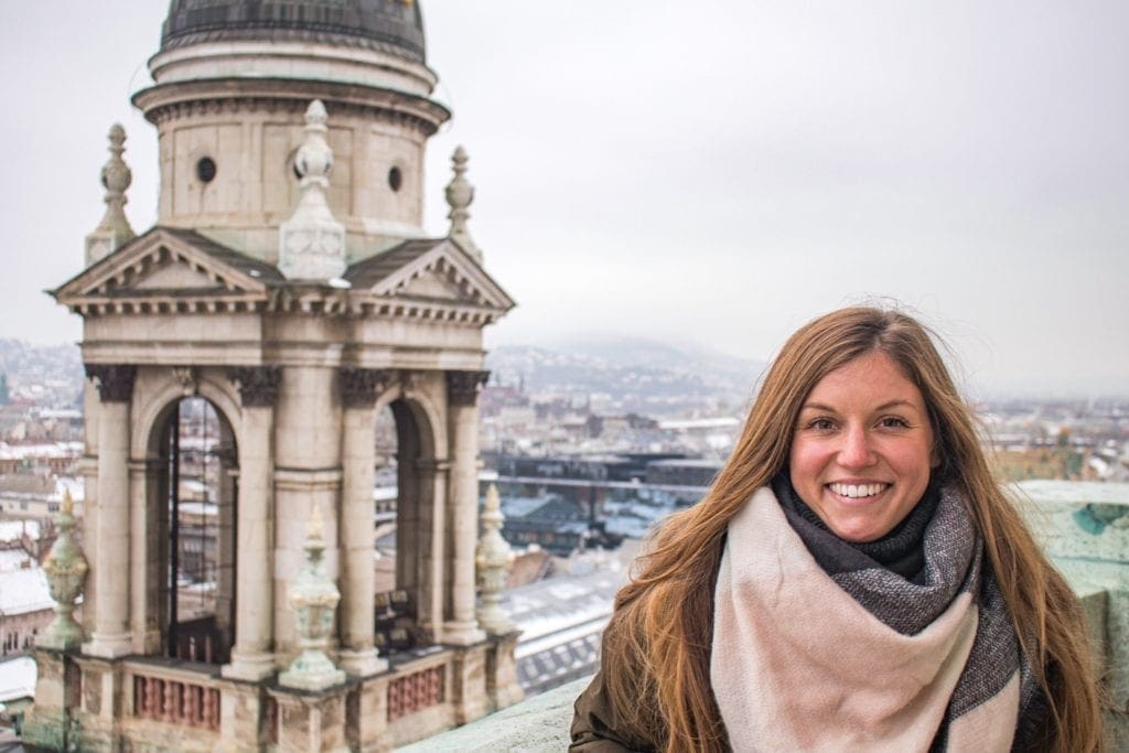 Posing at the lookout point at St. Stephen's Basilica