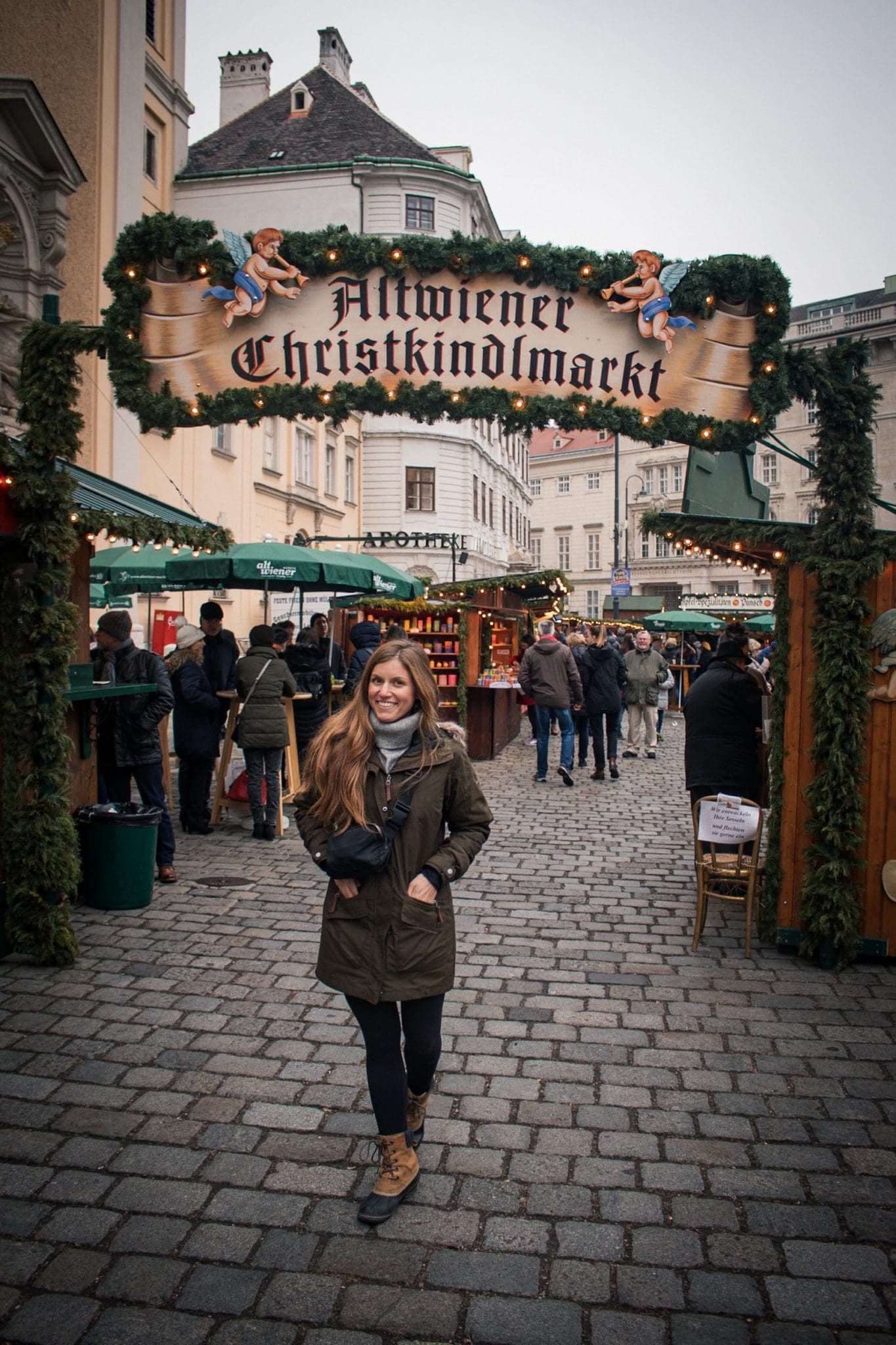 Posing for a photo at the Christmas market in Vienna