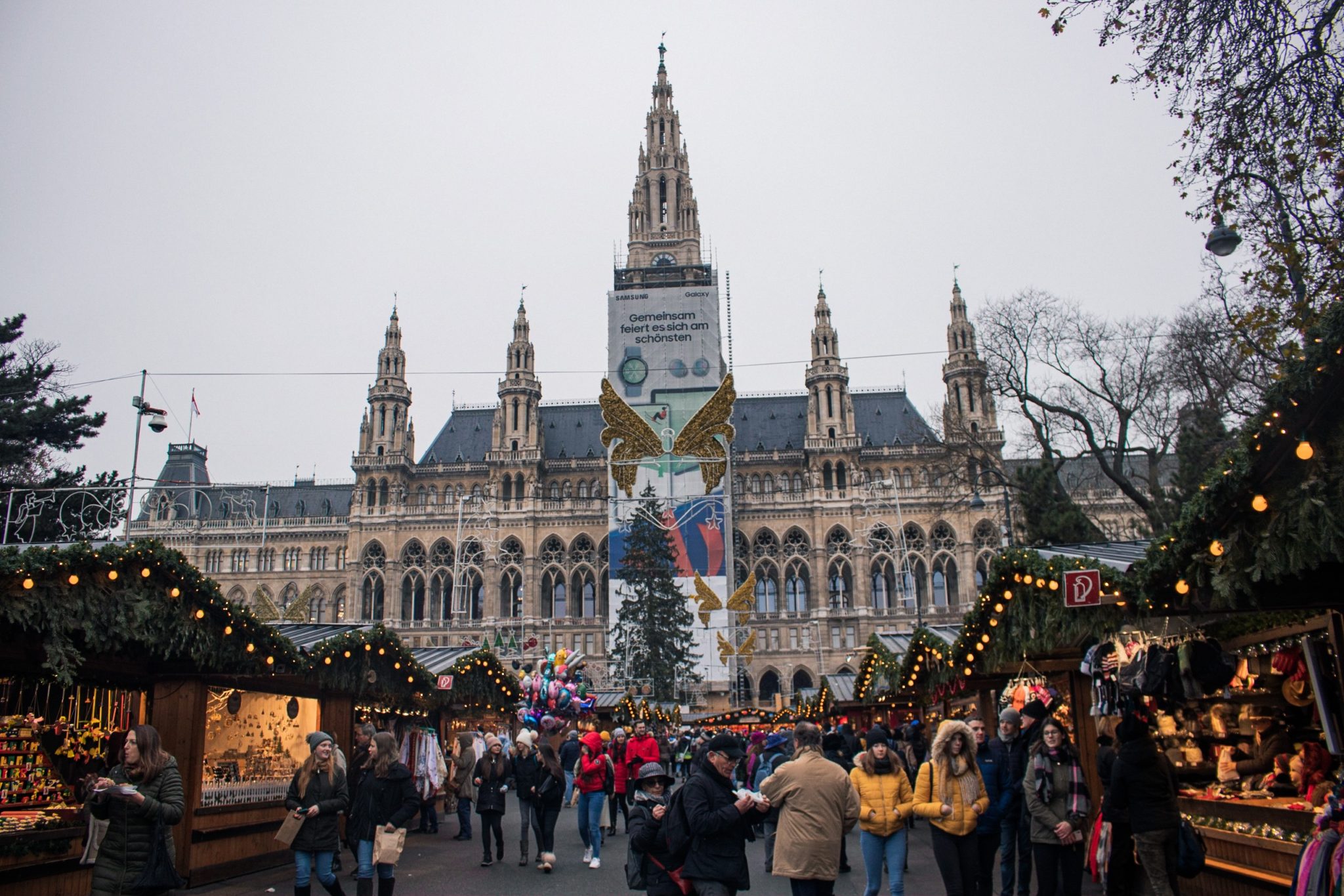 View of the Christmas Market booths at Rathausplatz