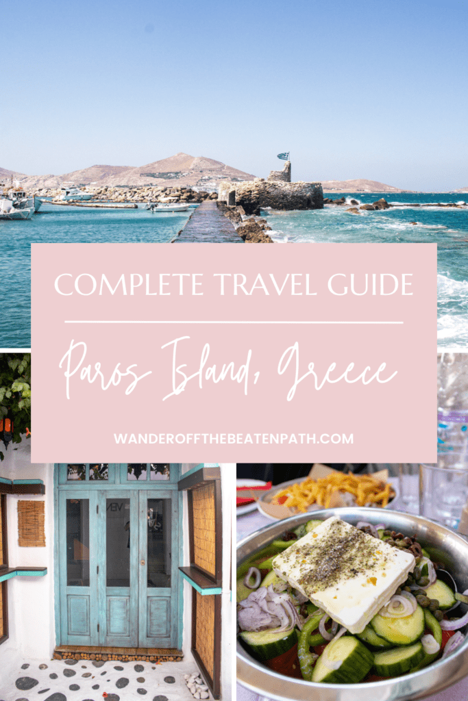 Collage of photos from Paros Island including a panoramic view of town, a greek salad, and the streets of Paros.