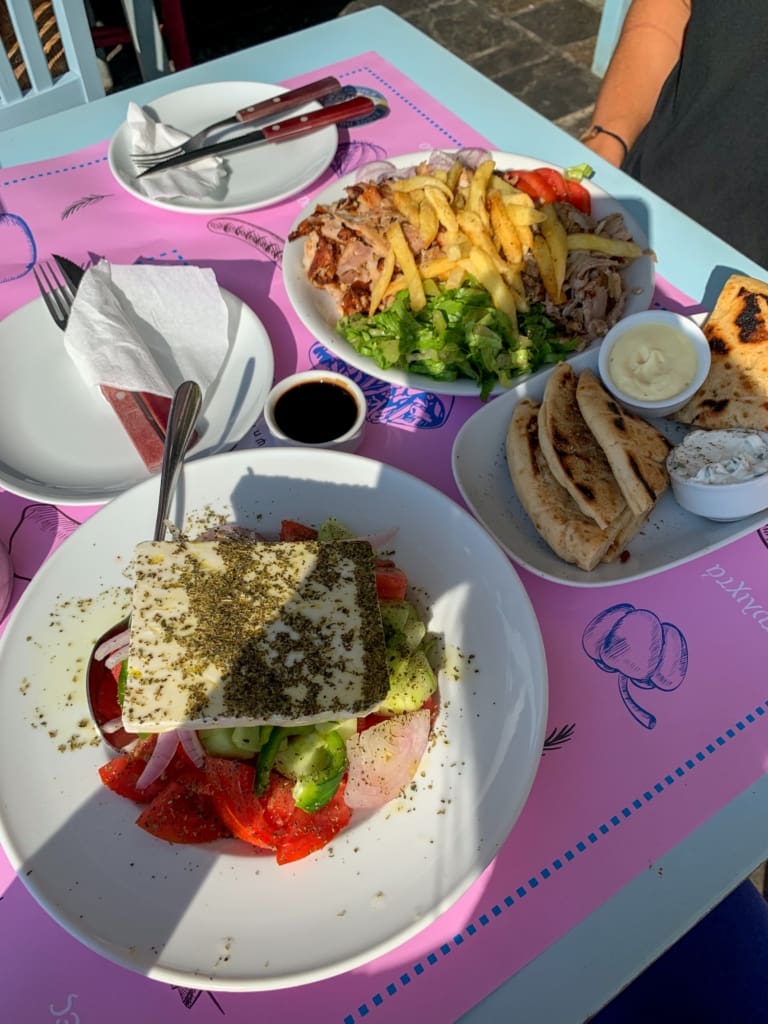 A Greek Salad and Gyro plate from YaSouvlaki in Naxos Island