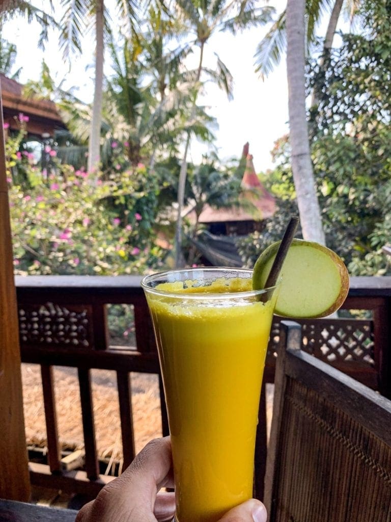 Enjoying some fresh juice at the Yoga Barn, Ubud, Indonesia