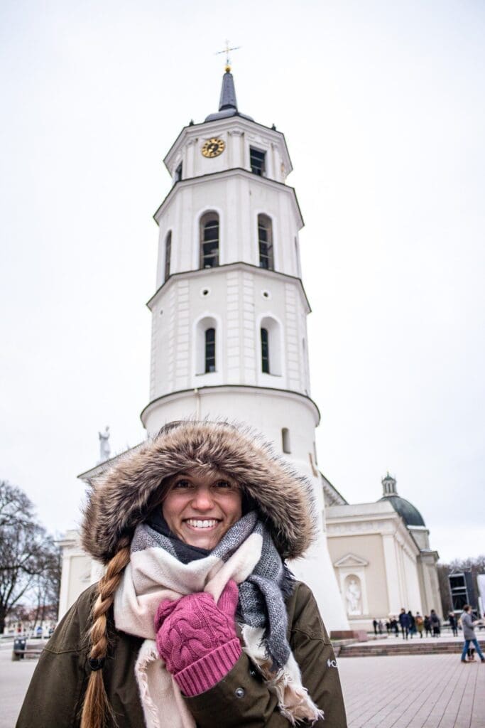 Posing in front of the bell tower in Vilnius