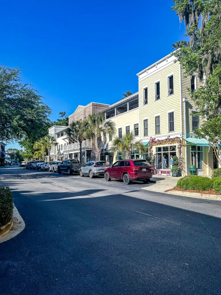 Panoramic view of restaurants and shops in downtown Bluffton SC