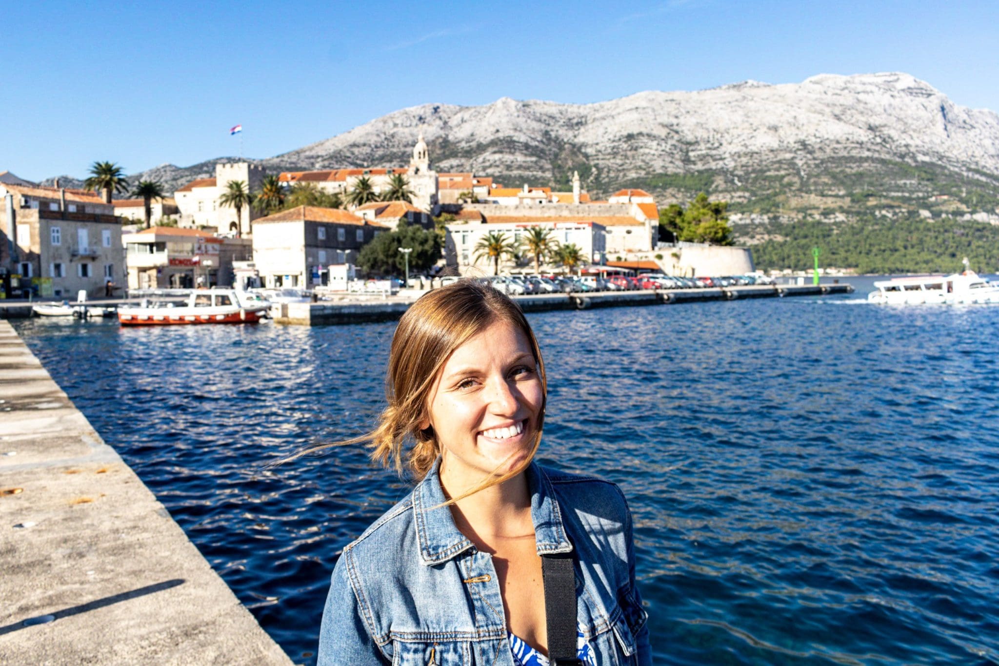 Posing in front of Old Town, Korcula, Croatia