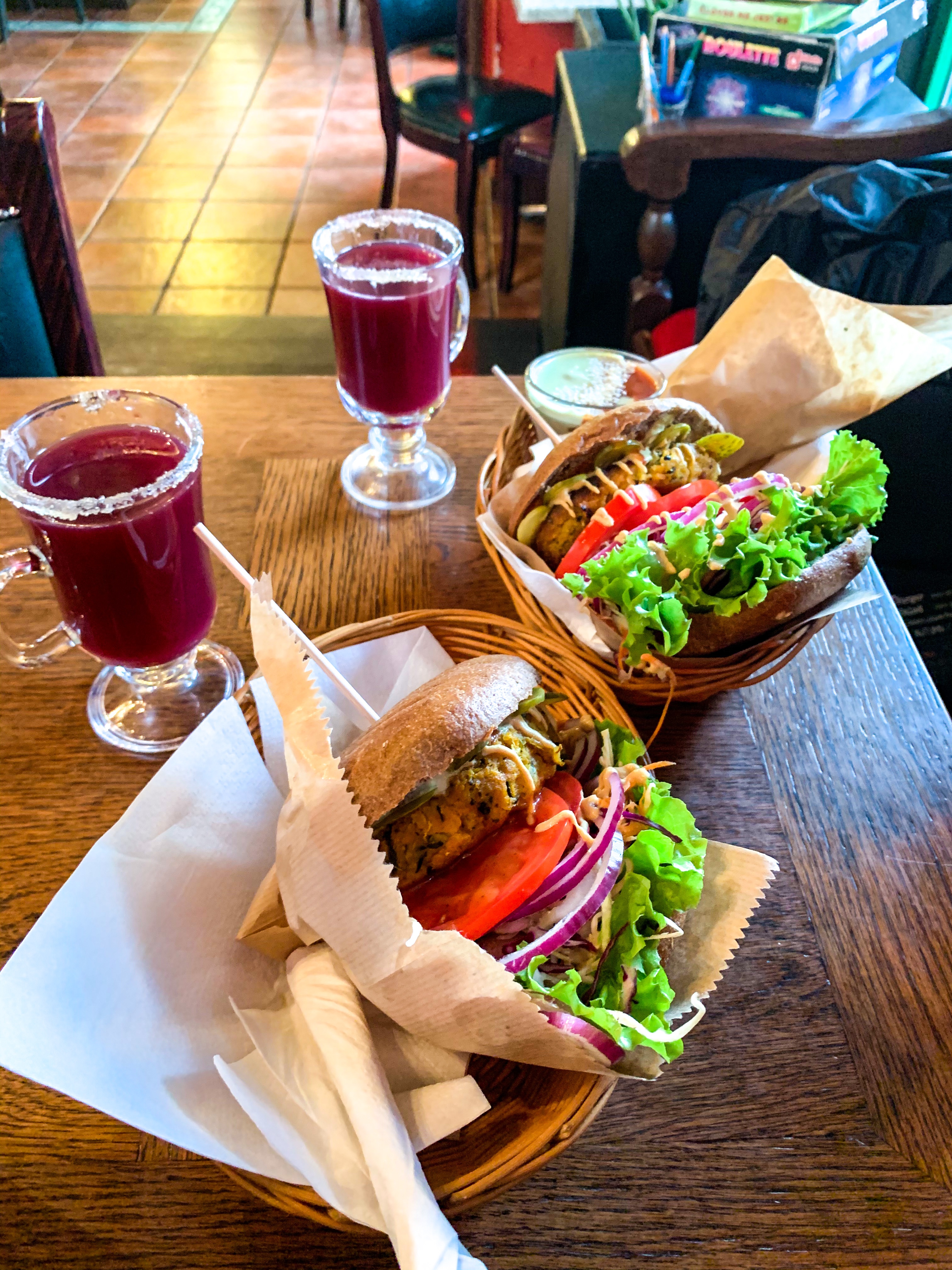 View of vegetarian burgers and mulled wine