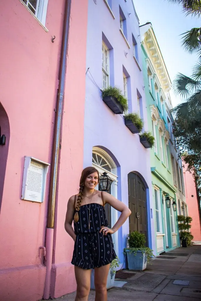 Posing in front of Rainbow Row, Charleston