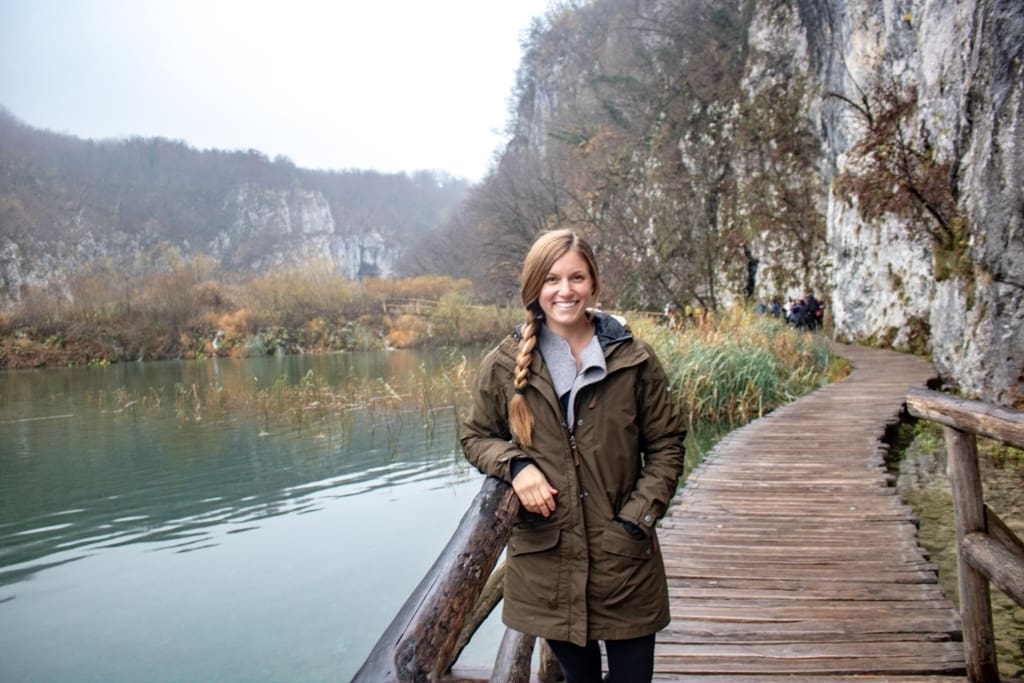 Posing for a scenic shot at Plitvice Lakes