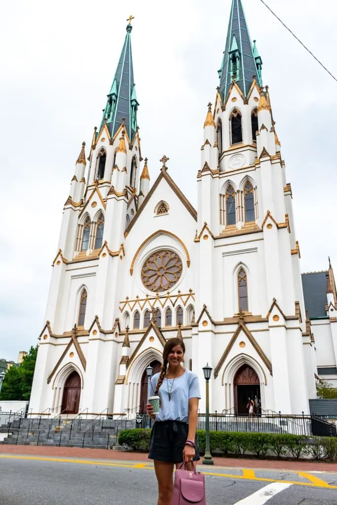 Posing in front of St. John the Baptist Cathedral in Savannah GA