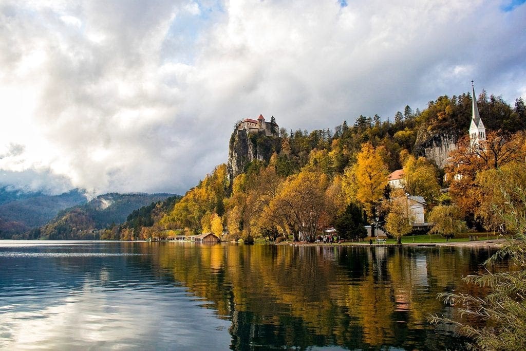 Photo of a lake with a castle in the background