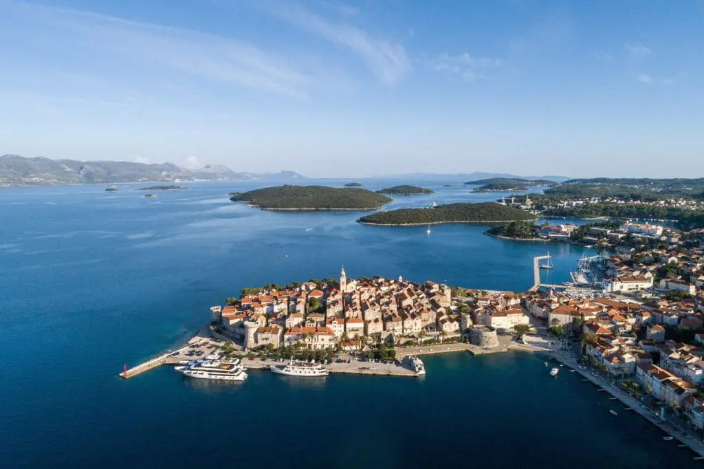 Drone view of Korcula Island, Croatia