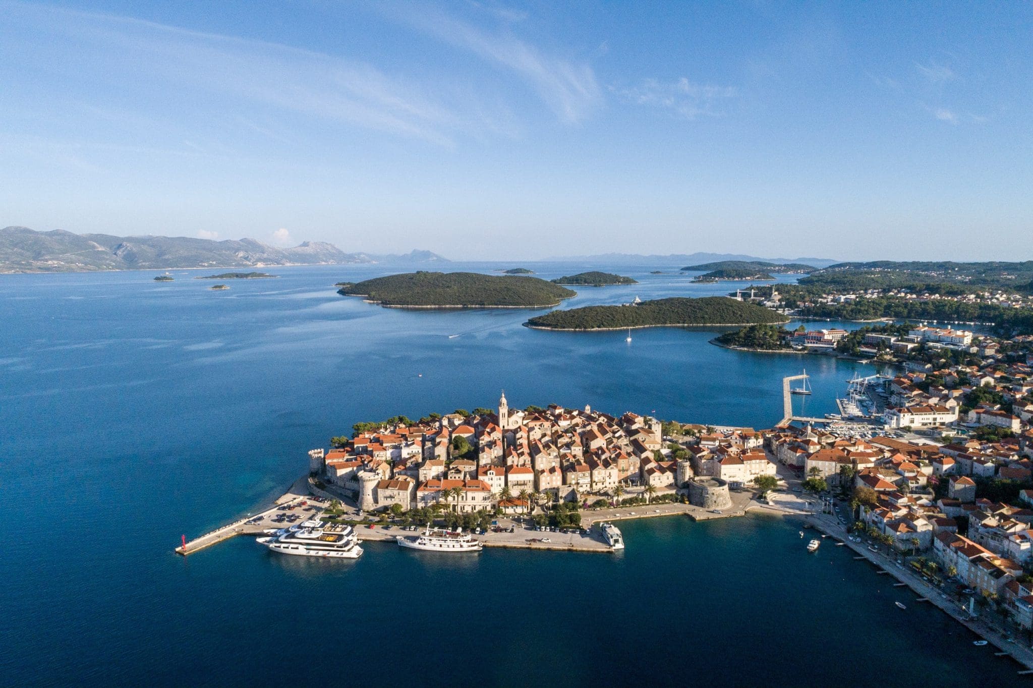 Drone view of Korcula Island, Croatia